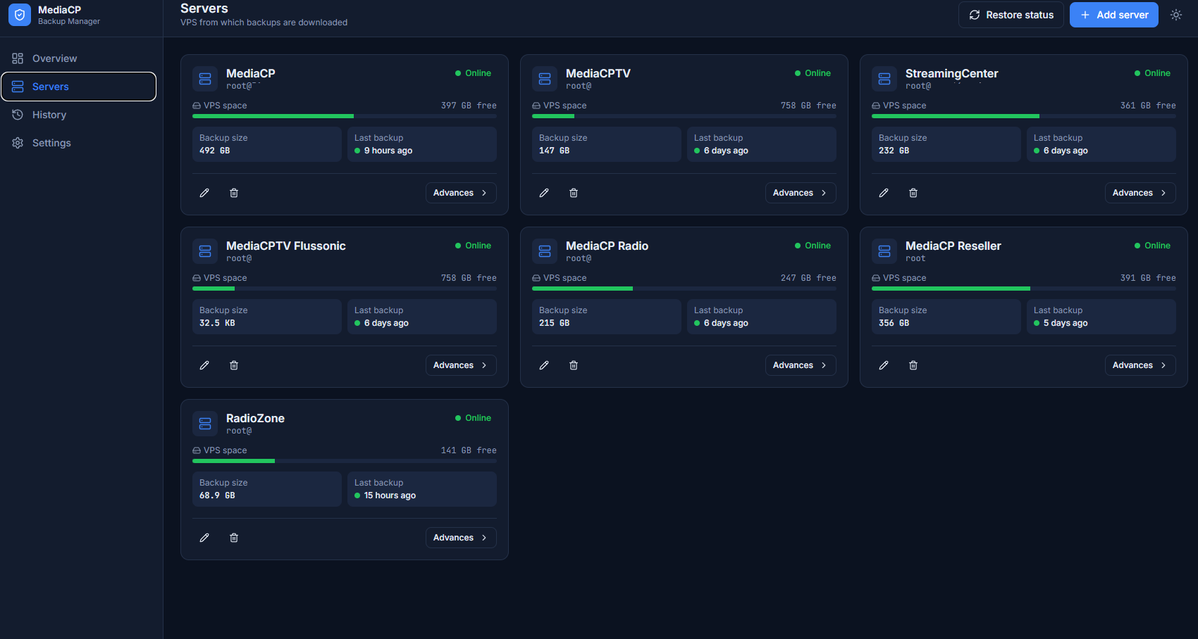 Backup Manager servers page
