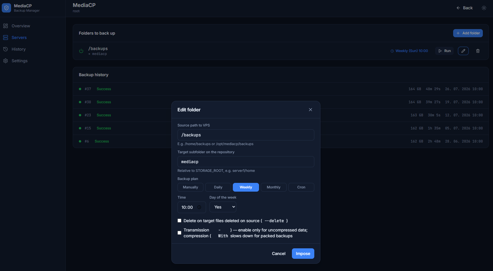 Backup Manager schedule form