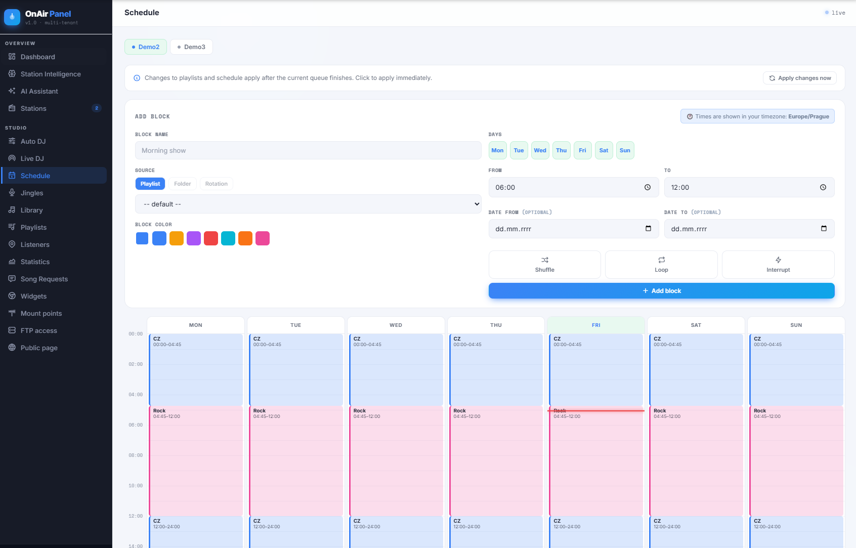 OnAir Panel scheduler